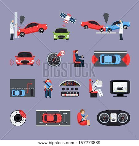 Car safety systems icons set with crash test symbols flat isolated vector illustration
