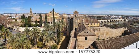 panoramatic view ofStone walls and towers of the Alcazar de los reyes cristianos in Cordoba. Spain. Andalusia.