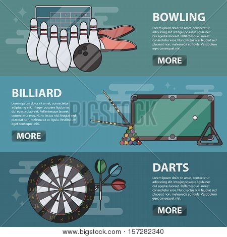 Vector thin line design horizontal banners of bowling, billiard and darts. Business concept of sport games. Set of isolated bowling equipment and snooker elements.
