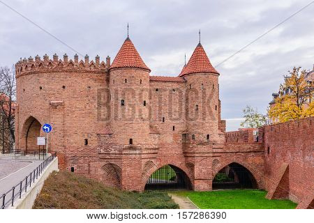 Warsaw Barbacan fortress (castle) is in the capital city of Poland. Old town is the historic center of Warsaw. Sights of Poland.