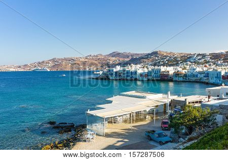 Mykonos Greece - October 15 2012: View of the Chora old town from the historic windmills promontory