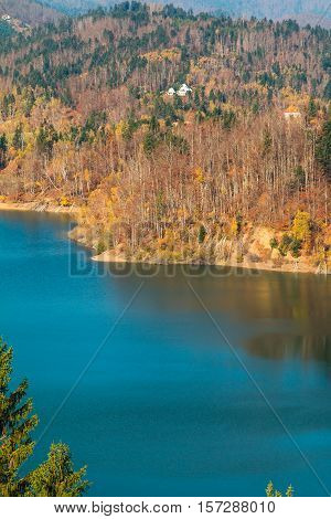 Panoramic view of Lokvarsko lake, beautiful mountain autumn landscape, Lokve, Gorski kotar, Croatia