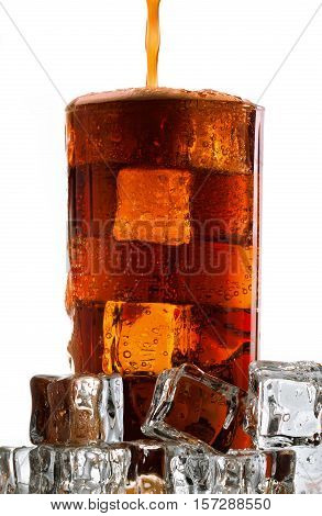 Cola in glass with ice, white background