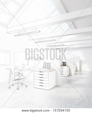 White office with cubicles. There are desktops on the tables and an attic roof with windows. Concept of a design studio. 3d rendering. Mock up