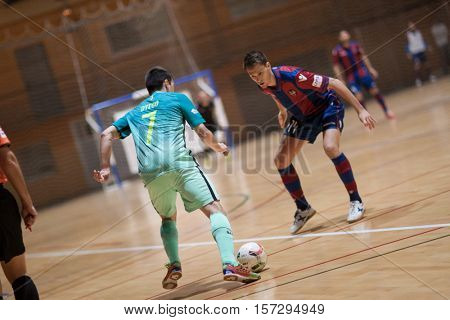 VALENCIA, SPAIN - NOVEMBER 8th: Dyego with ball, Sena during Spanish King Cup match between Levante UD FS and FC Barcelona at Cabanyal Stadium on November 8, 2016 in Valencia, Spain