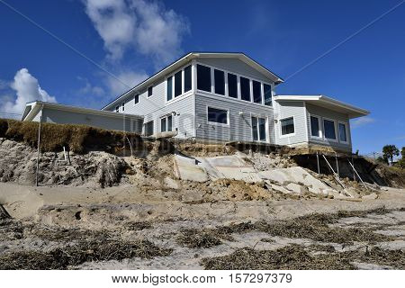 VILANO BEACH, FLORIDA, USA - NOVEMBER 6, 2016: Aftermath of beach house damage caused by hurricane Matthew hitting on the east coast of Florida on October 7, 2016.