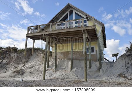 VILANO BEACH, FLORIDA, USA - NOVEMBER 6, 2016: Aftermath of house damage caused by hurricane Matthew hitting along the east coast of Florida on October 7, 2016.