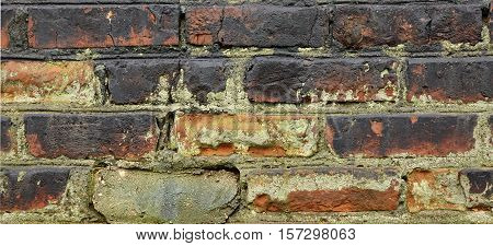 Dark Grunge Brickwall With Broken Stucco Texture. Old Brick Wall With Damaged Shabby Black Plaster Background. Distressed Urban Stonewall. Peeled Rough Decay Surface. Abstract Web Banner