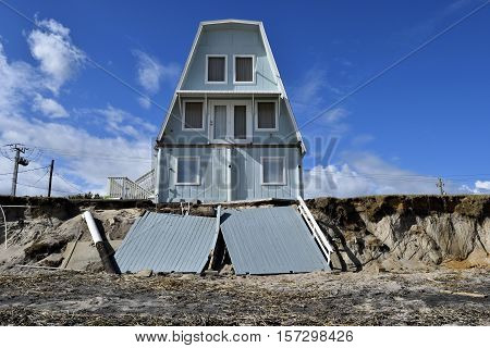 VILANO BEACH, FLORIDA, USA - NOVEMBER 6, 2016: Aftermath of beach house damage caused by hurricane Matthew hitting on the east coast of Florida on October 7, 2016.
