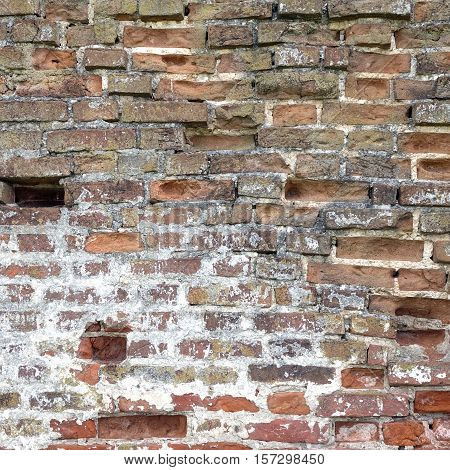 Abstract Red White Stonewall Urban Texture. Old Red Brick Wall With Shabby Damaged White Plaster. Painted Whitewashed Brickwall Grungy Background. Stonework Square Frame Grunge Structure
