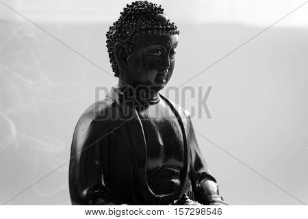 Decorative Buddha Statue, Buddha In The Background Of Incense, Shakyamuni Attained Enlightenment. Th