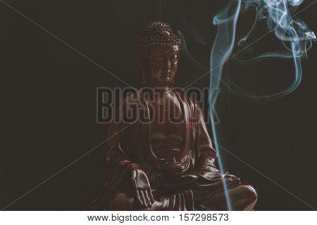 Decorative Buddha Statue, Buddha In The Background Of Incense, Shakyamuni Attained Enlightenment. Th