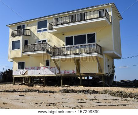 VILANO BEACH, FLORIDA, USA - NOVEMBER 9, 2016: Aftermath of beach house damage caused by hurricane Matthew hitting on the east coast of Florida on October 7, 2016.