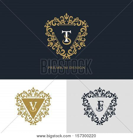 Monogram design elements graceful template. Calligraphic elegant line art logo design. Letter emblem sign T V F for Royalty business card Boutique Hotel Heraldic Jewelry. Vector illustration