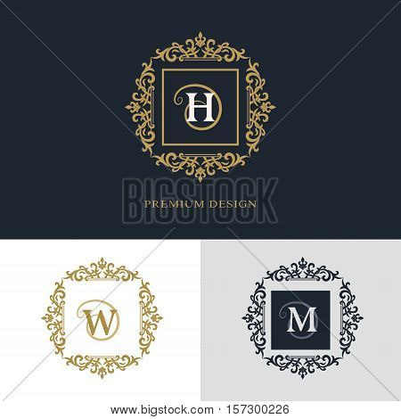 Monogram design elements graceful template. Calligraphic elegant line art logo design. Letter emblem sign H W M for Royalty business card Boutique Hotel Heraldic Jewelry. Vector illustration