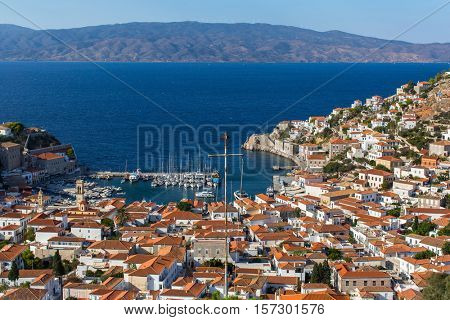 Panoramic views of Hydra island, Greece, Aegean sea.