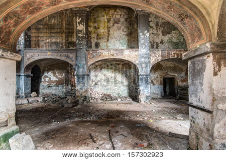 Interior of the derelict and abandoned church of All Saints