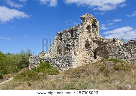 Crimea. Cave city Mangup Kale. The ruins of the palace and citadel.