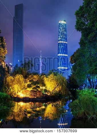 Night View Of The Zhujiang New Town From Park, Guangzhou, China