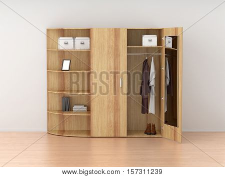 Open Wardrobe Isolated Against The White Wall In Bright Interior