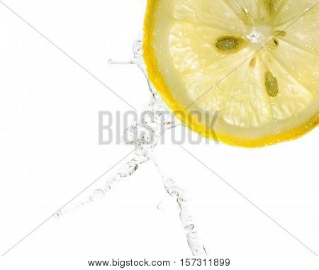 Lemon slices in water splash, white background, isolated on white