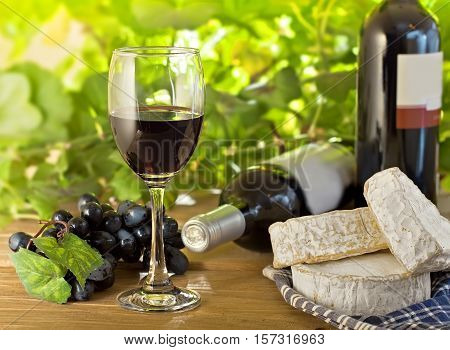 Red wine Brie Camembert and grape on the wood surface outdoor