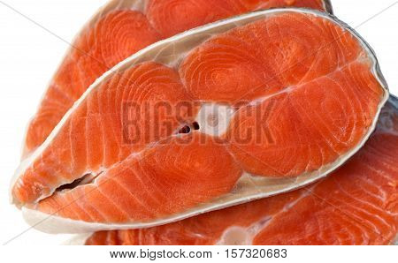 raw salmon steak isolated on white background. Salmon steak red fish