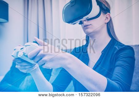 gaming game play gamer virtual glasses vr 3d veiw vision immersion controller concept - stock image
