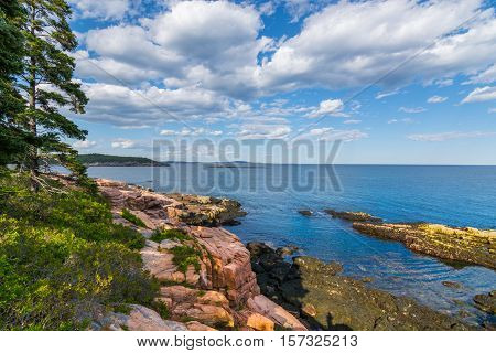 View of the rocky cliff shore line at Acadia National Park. Maine New England