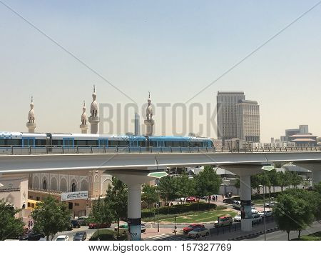 DUBAI, UAE - AUG 26: Train approaching Oud Metha Metro Station in Dubai, UAE, on Aug 26, 2016. Guinness World Records declared it the worlds longest fully automated driverless metro network.