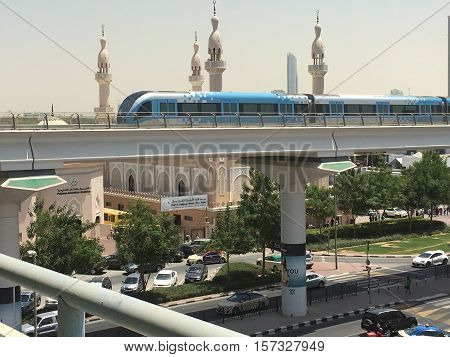 DUBAI, UAE - AUG 26: Train approaching Oud Metha Metro Station in Dubai, UAE, on Aug 26, 2016. Guinness World Records declared it the worlds longest fully automated driverless metro network.