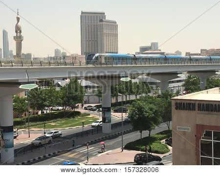 DUBAI, UAE - AUG 26: Train approaching Oud Metha Metro Station in Dubai, UAE, on Aug 26, 2016. Guinness World Records declared it the worlds longest fully automated driverless metro network.