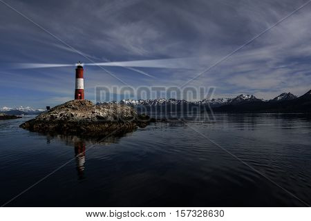 Lighthouse Les eclaireurs in Beagle Channel near Ushuaia in the night