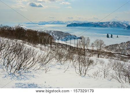 Winter landscape. Three rocks in the sea among the ice - Three Brothers against the backdrop of the volcano Viluchinsky the Kamchatka Peninsula. Toned image.