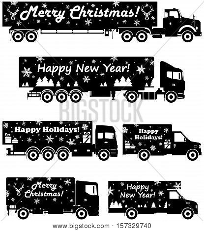 Christmas and New Year delivery. Set of different silhouettes of delivery trucks on white background. Vector illustration.