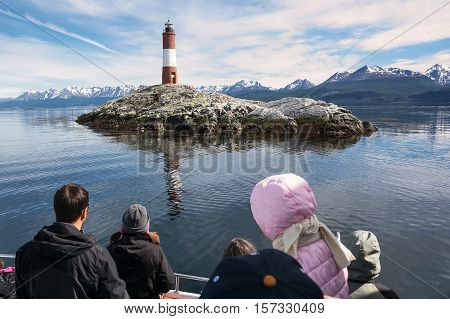Tourist Lighthouse Les eclaireurs in Beagle Channel near Ushuaia