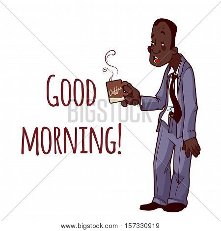 Sleepy African American man in suit with a cup of coffee. Good Morning. Vector illustration on a white background.