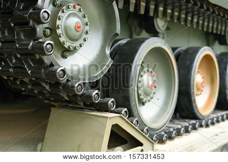 Close-up view at the Caterpillar Track of a Military Tank