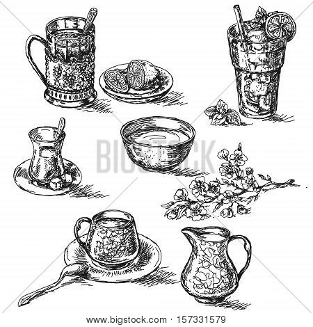 Hand drawn various teas set. Sketch of tea with lemon sugar and milk. Glass of cold drinking with ice.