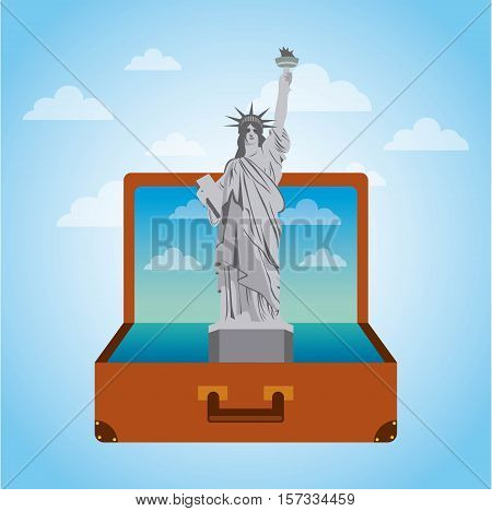 brown suitcase with iconic momument of new york . over sky background. vector illustration