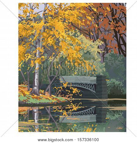 Old bridge in the autumn park. River flows. Listopad.
