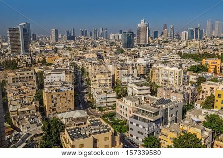 TEL AVIV, ISRAEL - JUNE 18, 2015: Aerial panoramic view of the city buildings and private houses.