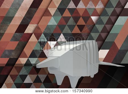 3d polygonal white ceramic armadillo, triangle pattern background