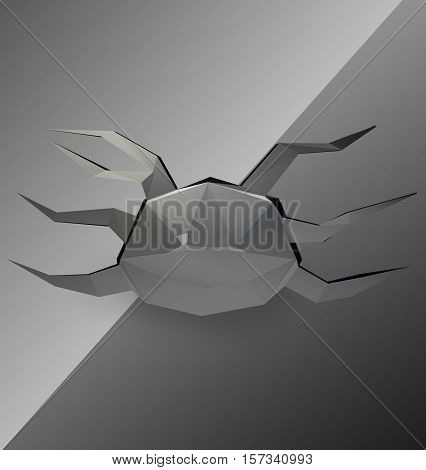 3d polygonal ejolote head, metal material, gray background