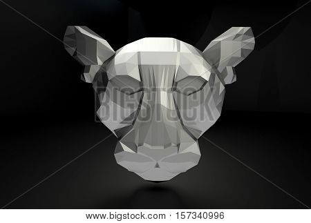 3d polygonal feline head, metal material, black background