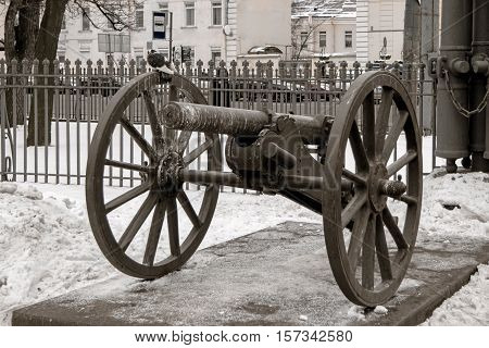 One of the ten old cannon imitations surrounding Glory Column in square in front of Holy Trinity Cathedral St Petersburg Russia. Original trophy cannons was dismantled in 1929 and sold by the Soviet Government to Germany for cash.