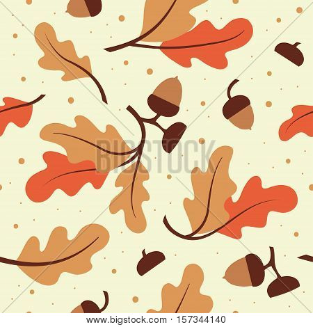 Seamless pattern with orange oak leaves and acorns. Suitable for gift paper wallpaper web page background greeting cards textile.