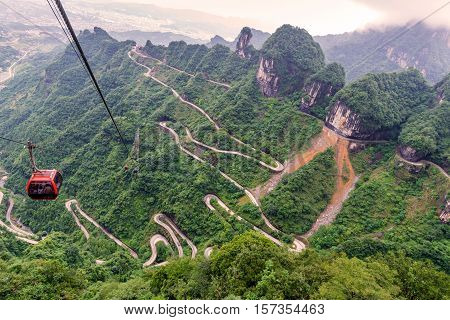 Cable Car With Winding And Curves Road In  Tianmen Mountain Zhangjiajie National Park, Hunan Provinc