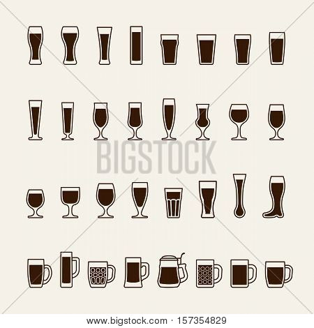 Set icons of beer glass silhouettes. Vector illustration