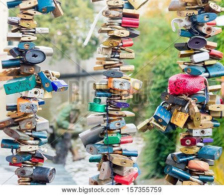 Love Heart Locks. Colorful Padlocks Tree On Bridge Railing In A European City. The Tradition Of The Newlyweds. A Symbol Of The Vows Of Love And Fidelity Forever. Vertical Image